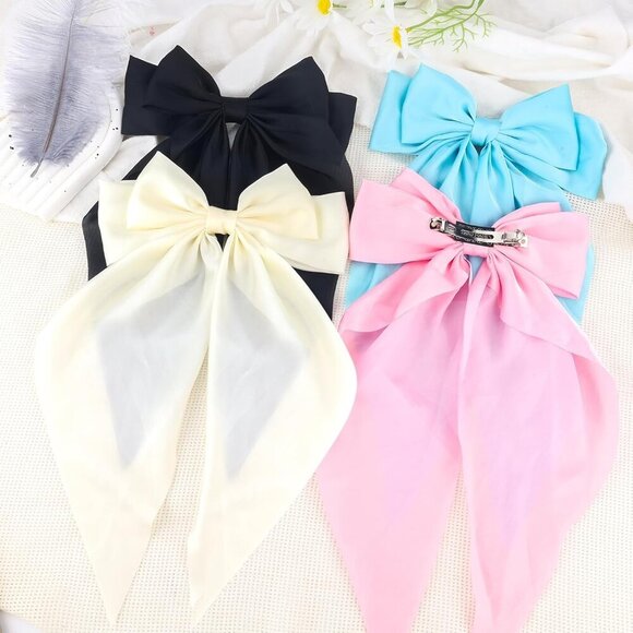 4Pcs Hair Bow Clips for Women Girls Silky Satin Bow Hair Clips Hair Ribbon with - Picture 7 of 7